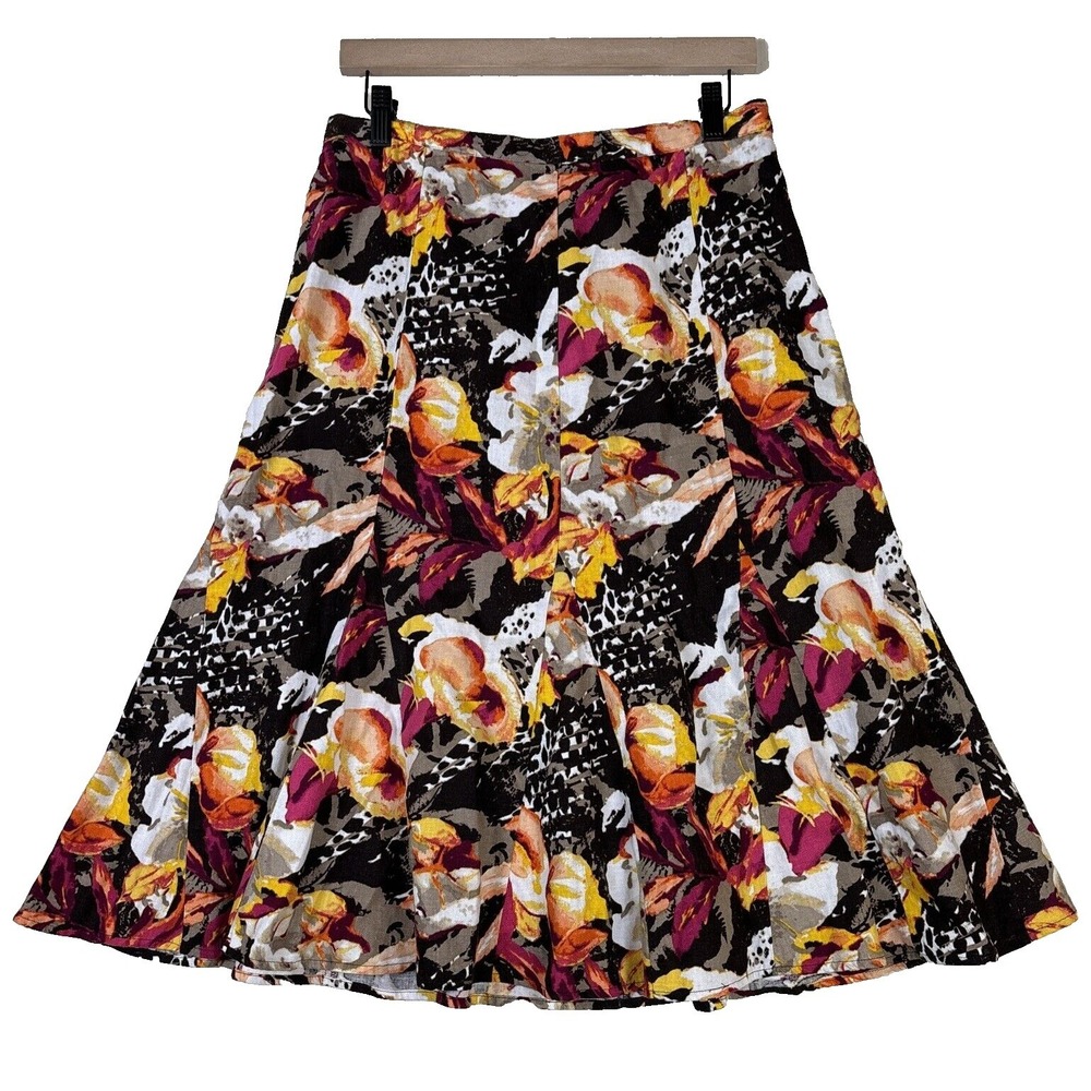 Christopher & Banks Floral Animal Print Linen‎ Blend Midi Skirt Size 10 Multi